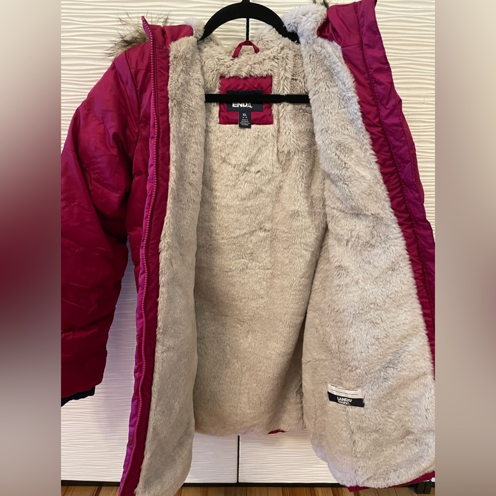 Like new Lands End Girls winter fleece lined down alternative ThermoPlume coat
